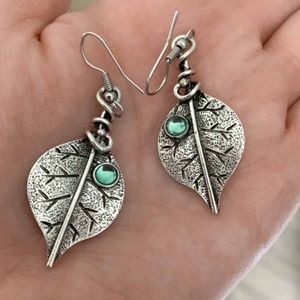 Any 2/$20! Antiqued Silver Leaves w/Pale Green Iridescent Stone Earrings